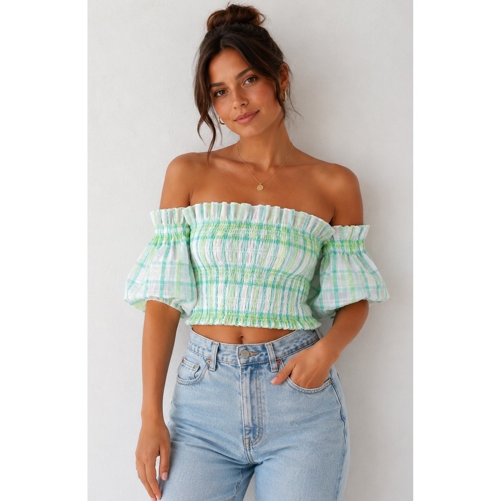 Zara Plaid Smocked Crop Top XS Green White Puff Sleeve Off Shoulder Cottagecore